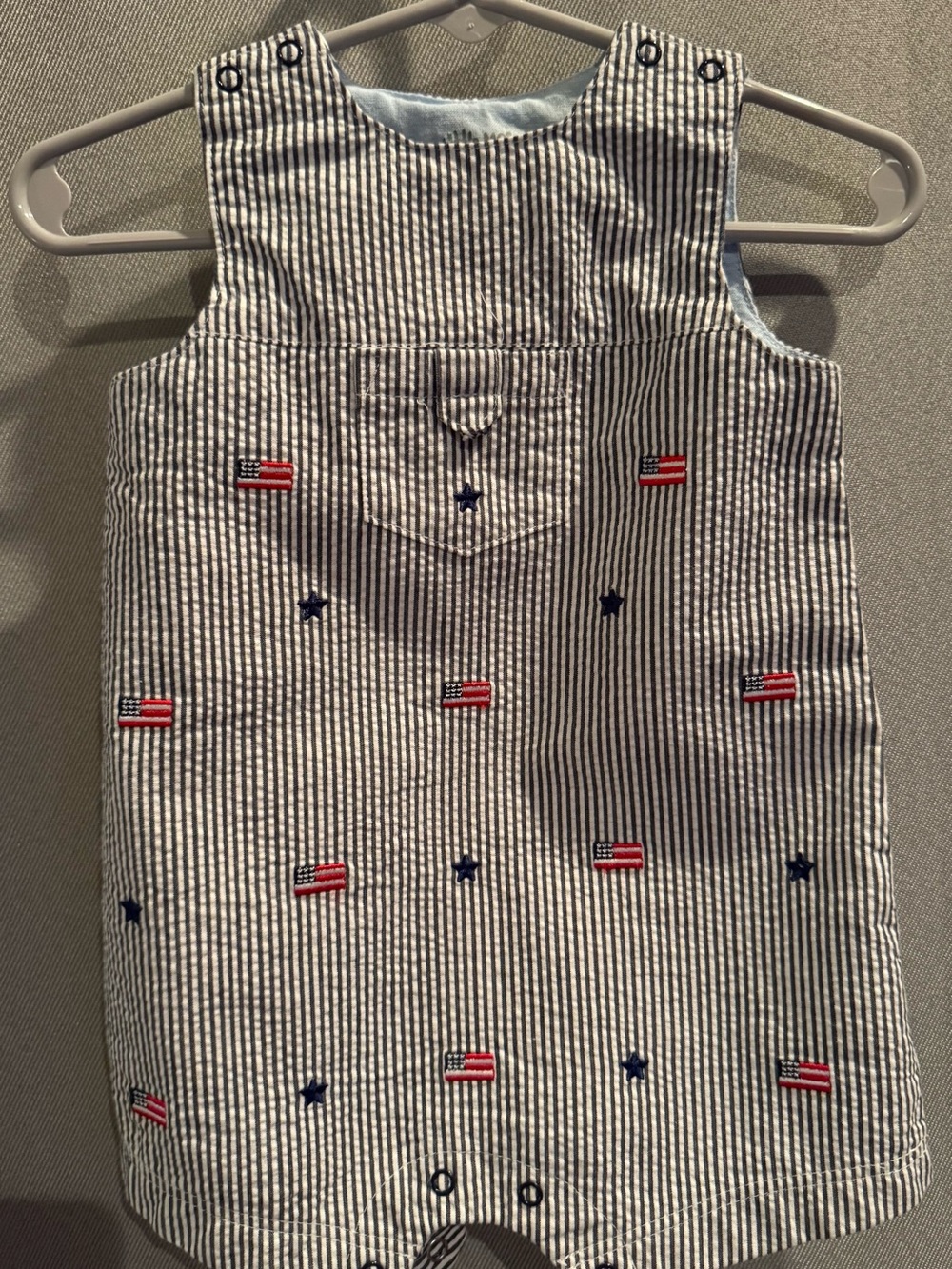 Little Me Navy & White Striped Baby Romper with Flag Embroidery